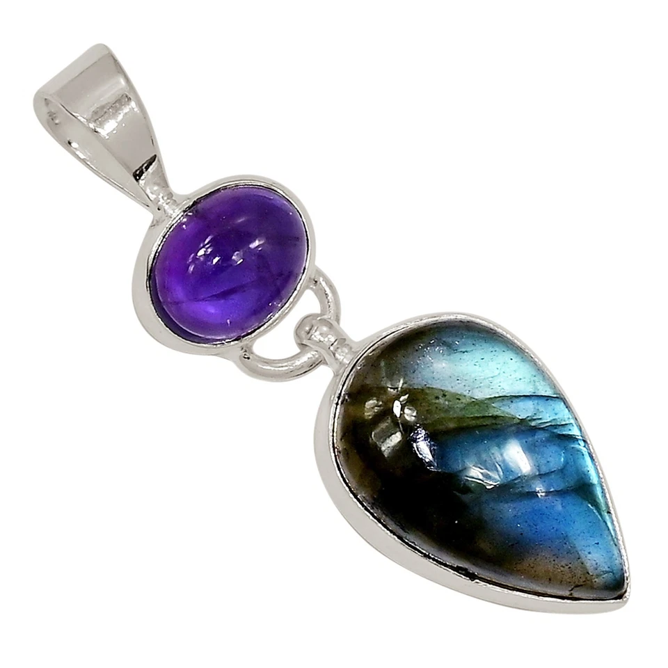 Natural Labradorite - Madagascar & Amethyst 925 Silver Pendant ALLP-29559 - Image 1 of 1