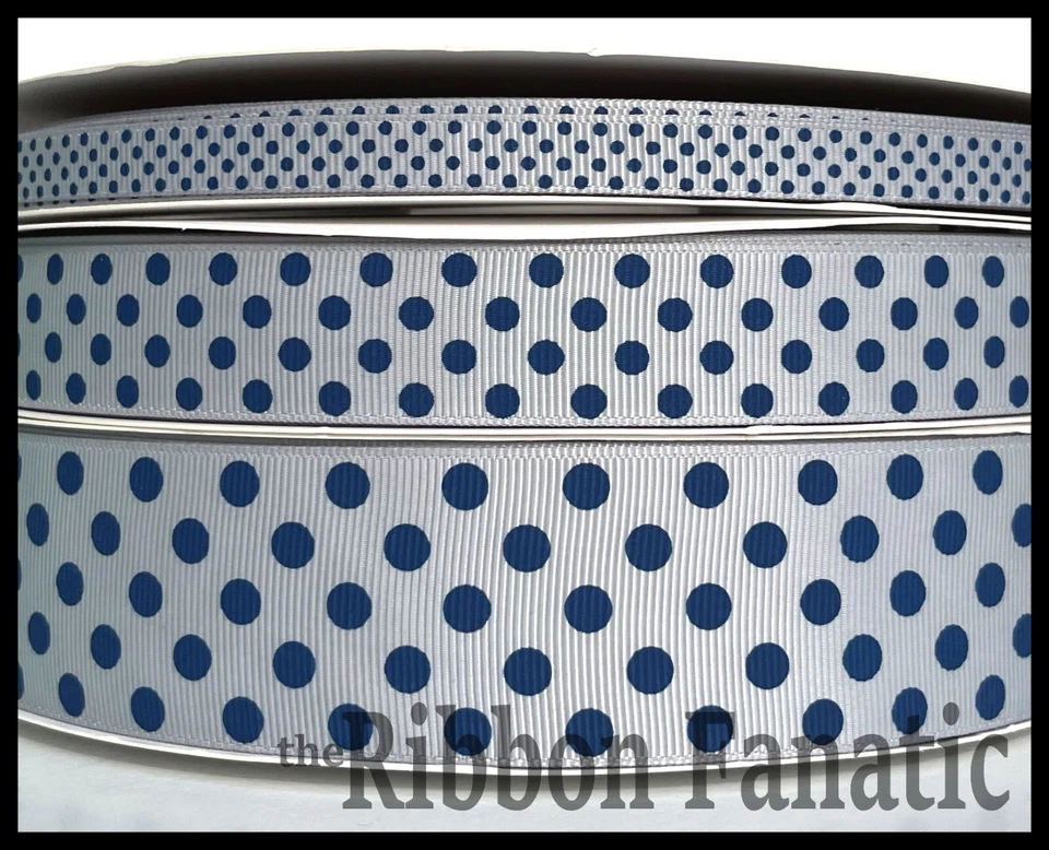 3yds Gray with Navy Blue Polka Dots  3/8" or 7/8" or 1.5" Grosgrain Ribbon - Image 1 of 1