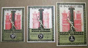 Gemany Hamburg Lot of 3 Notgeld 1921, Culture & Sport Week, UNC, Combined S/H - Picture 1 of 2