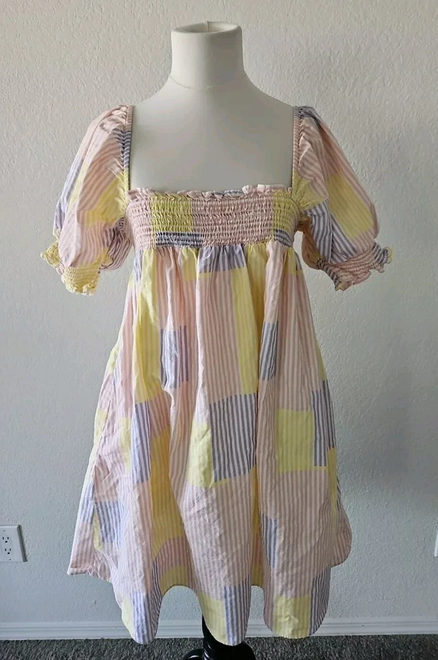 Urban Outfitters Gracie Patchwork Smocked Mini Dress Size L Read Descript - Image 1 of 4