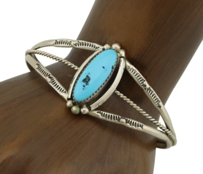 Navajo Bracelet 925 Silver Sleeping Beauty Turquoise Artist Signed SC C.80's - Image 1 of 4