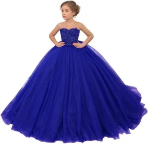 Tulle Flower Girl Dress for Wedding Beaded Sleeveless Applique Pageant Ball Gown - Picture 1 of 24