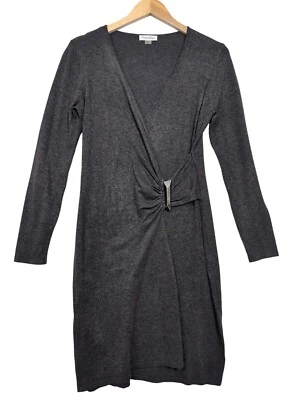 Calvin Klein Faux Wrap Dress Womens S Gray Knit Long Sleeve V-Neck Career - Image 1 of 4