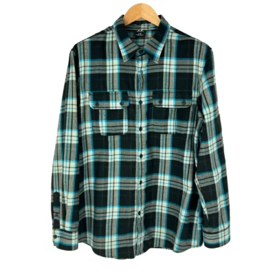 OAKLEY Flannel Button Up Mens Size L Shacket Grey Blue Plaid Long Sleeve - Image 1 of 4