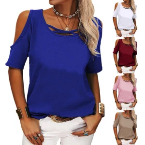 Mujer Camiseta Hombro Frío Verano Lisa Informal Suelta Prendas para el torso Blusa Manga Corta - Imagen 1 de 18