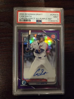 Cam Smith 2024 Bowman Chrome Draft refractor púrpura automático/250 1st Prospect PSA 9 Foto 1 de 2