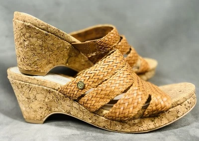 Dana Buchman Wedge Sandals VGUC Braided Brown Vegan Leather Cork & Gold Sz 9.5 - Image 1 of 4