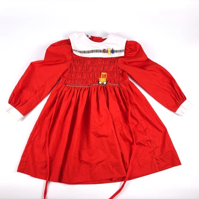 VTG Polly Flinders Embroidered Smocked Dress Sz 6 Red White School Bus Charms - Image 1 of 4