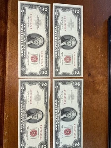 4 1963 Red Print $2 Bills - Picture 1 of 5