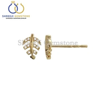 Genuine Diamond Leaf Mini Stud Earrings 14k Solid Gold Fine Jewelry Gift For Her - Picture 1 of 3