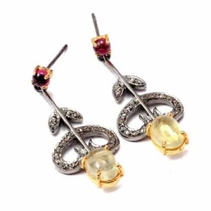 925 Silver Real Pave Diamond Ruby Yellow Aquamarine Gemstone Long Dengle Earring - Picture 1 of 3