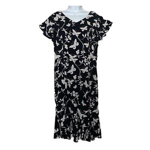 RSVP By Talbots Black White Floral Butterfly Mid Length Sheer Lined Dress M