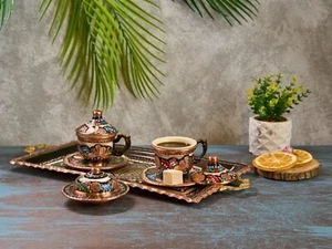 Copper Coffee Serving Set, Turkish Coffee Set, Copper Coffee Cups Tray - Picture 1 of 5