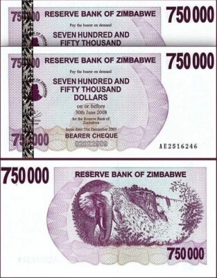 Zimbabwe 750000 Dollars 2007, UNC, 2 Pcs PAIR, Consecutive, P-52, Bearer Cheque - Image 1 of 4