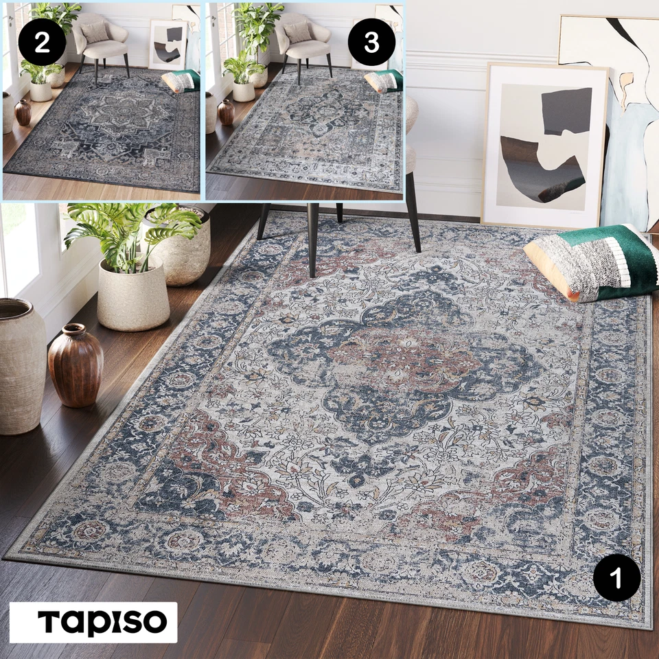 Teppich Kurzflor Blau Vintage Ornament Waschbarer Teppich Rutschfest Wohnzimmer - Bild 1 von 1