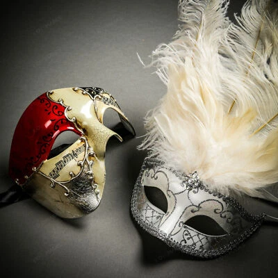 Red Phantom Full Face Musical & Silver Mardi Gras Tall Feather Couple Masks - Image 1 of 4