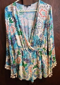 Romeo + Juliet Couture Beach Long Sleeve Tassel Romper Size Medium lined Pockets - Picture 1 of 5