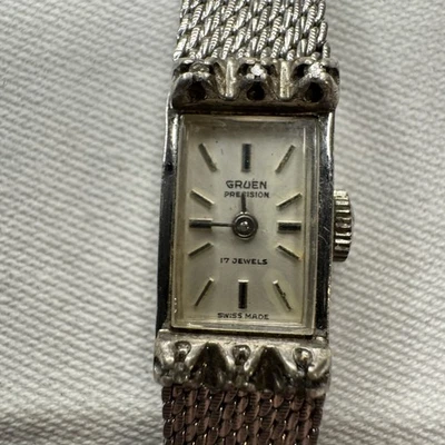 VTG 50s Gruen Precision Ladies Watch 17 Jewels 10k RGP Bezel Silver Mesh WORKING - Image 1 of 4