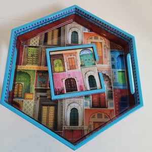 Bombay Store Dwaar Hexagon Tray and Coasters Indian Doors Design See Descript! - Picture 1 of 21