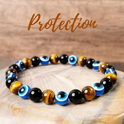 Natural Tiger Eye Black Tourmaline Evil Eye Beads Empath Protection Bracelet - Image 1 of 4