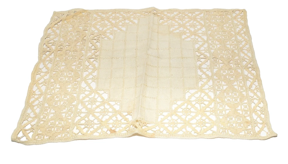 Vintage Ecru Cotton Squares Embroidered Star Cutwork Border Table Runner 12x16 - Image 1 of 4