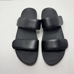 Fitflop Lulu Adjustable Leather Slides Slip On Sandals Wedge Women Sz 9 Black - Picture 1 of 10