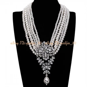 Mode Damen weiße Perle Strass Kette Statement Anhänger Latz Halskette Geschenk - Bild 1 von 6