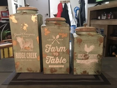 IMAX Farmhouse Canisters [Set of 3] Handmade Wood Lids FOOD SAFE DECOR NWOT 🔥🔥 - Image 1 of 4