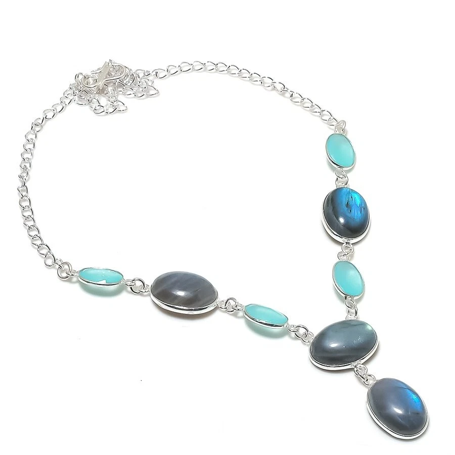Collar de joyería de plata de ley 925 con piedras preciosas de labradorita y calcedonia tamaño 18" Foto 1 de 1