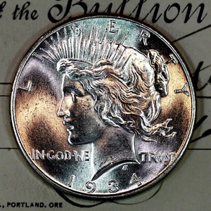 * 1934-P * CHOICE to GEM BU MS PEACE SILVER DOLLAR * FROM ORIGINAL BANK BAG * - Picture 1 of 5