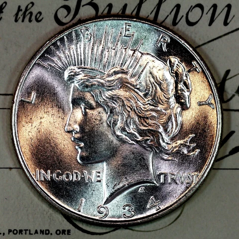 * 1934-P * CHOICE to GEM BU MS PEACE SILVER DOLLAR * FROM ORIGINAL BANK BAG * Cover