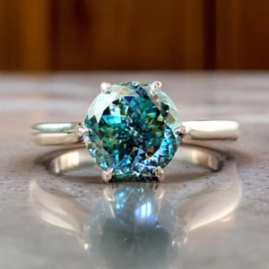 Classic 2.09CT Portuguese Cut Cyan Blue Moissanite Engagement Ring, Solitaire - Picture 1 of 3