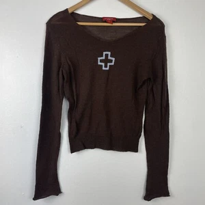 VTG Y2K Knit Cross Sweater Wool M Lightweight Sheer Fairy Grunge Avant Garde - Picture 1 of 4