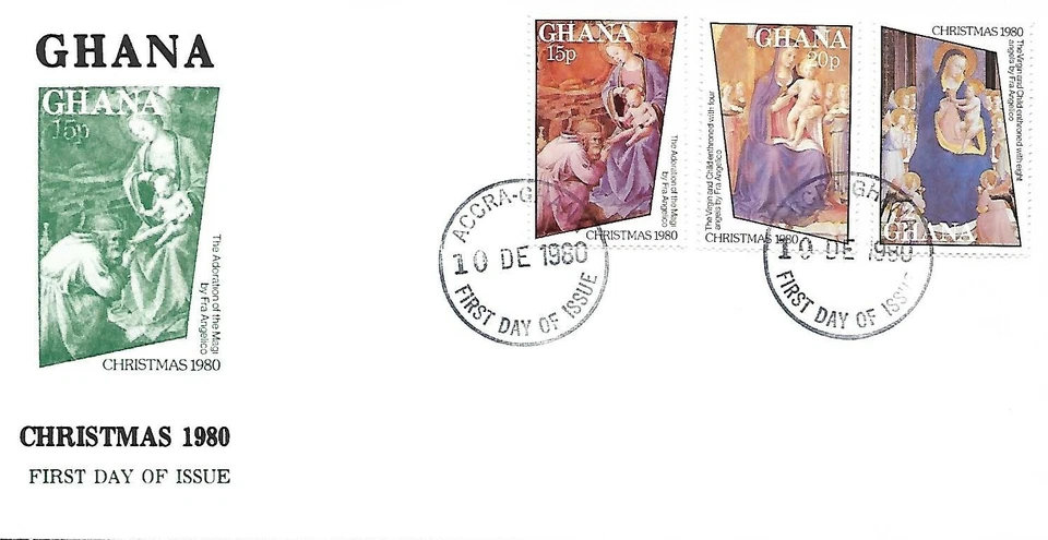 GHANA 1980 FIRST DAY COVER, CHRISTMAS, VIRGIN AND CHILD ENTHRONED WITH 8 ANGELS - Image 1 of 1