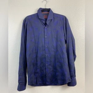 Jared Lang Button Down Shirt Men Size Medium Slim Long Sleeve Blue Black Floral - Picture 1 of 15