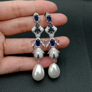 Teardrop White Sea Shell Pearl Blue Cz Pave Insect Stud Earrings - Picture 1 of 7