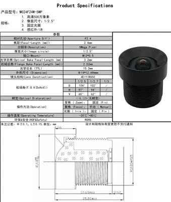 1PCS m12 lens 2.4mm wide angle OpenMV3 4 2Cam 5MP HD no distortion wide angle  - Image 1 of 4