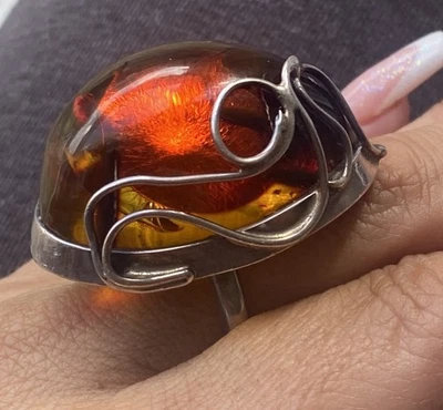 Amber Real Sterling Silver 1970s Ring Retro Vintage Jewellery Size U RARE gift - Image 1 of 4