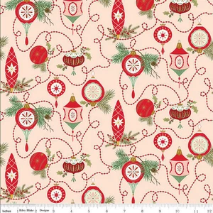 GLISTEN BY RILEY BLAKE RETRO VINTAGE CHRISTMAS ORNAMENTS BLUSH COTTON FABRIC HY - Picture 1 of 1