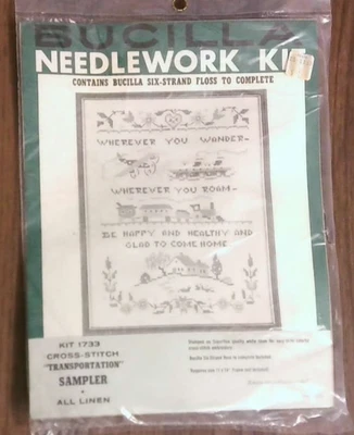 Transportation Sampler 1733 Bucilla Needlework KIT stamped linen TRAIN plane - Image 1 of 2