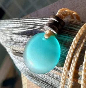 Sea Glass Necklace Bright Aqua Blue Coconut Shell Beads Adjustable Braid - Picture 1 of 9