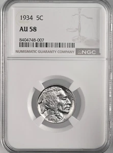 1934-P 5C Buffalo Nickel Denver como nuevo NGC AU58 #8404748-007 - Imagen 1 de 4