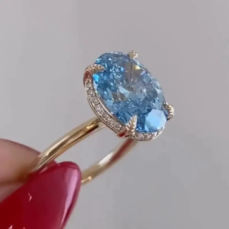 Promise Ring For Her 14K Yellow Gold 5Ct Fancy Vivid Blue Lab Grown/CVD Diamond - Image 1 of 4