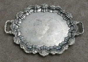 Large Detailed Metal Footed Silver Platter Serving Tray W/Handles - Picture 1 of 15