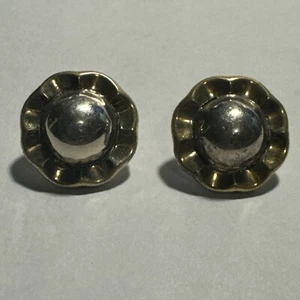 Vintage Designer Laton Mexico Sterling Silver & Brass Disk Post Earrings - Picture 1 of 10