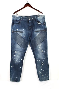 Black Premium Jeans Mens 38 Slim Straight Leg Motto Zipper Distressed Bleach - Picture 1 of 10