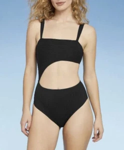 SHADE & SHORE Size S Women Swimsuits One Piece Black Textured - Picture 1 of 6