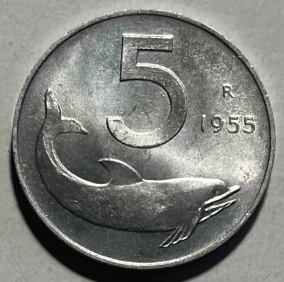 Italy 5 Lire 1955 - Dolphin & Ship Rudder - Image 1 of 3