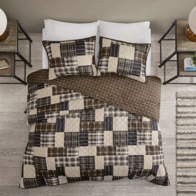 CLASSIC COZY PLAID BROWN BLACK COUNTRY WESTERN RUSTIC LOG CABIN LODGE QUILT SET - Image 1 of 4