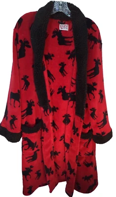 Lazy One Moose Bathrobe Womens L/XL Red Black Soft Stretch Fleece MISSING SASH - Image 1 of 4